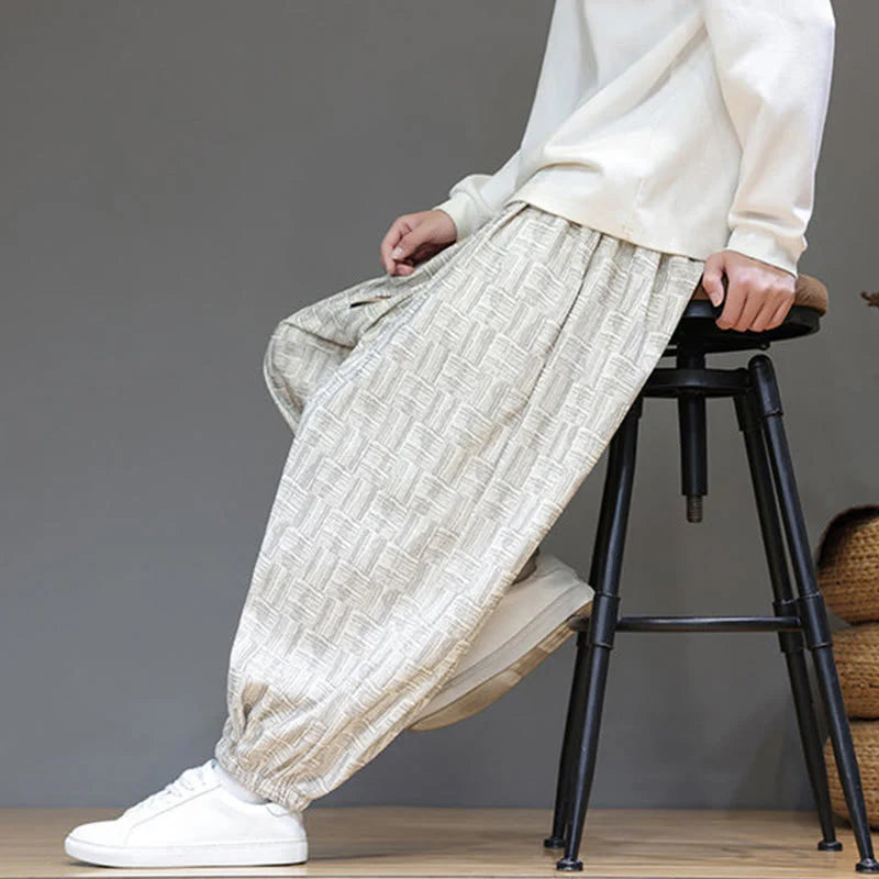 Buddha Stones Fall Jacquard Plaid Pattern Cotton Corduroy Men's Harem Pants With Pockets