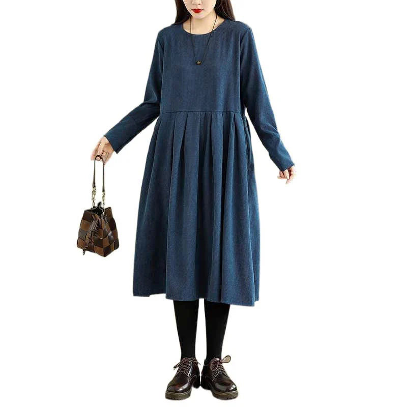 Buddha Stones Fall Plain DarkBlue Long Sleeve Corduroy Midi Dress With Pockets