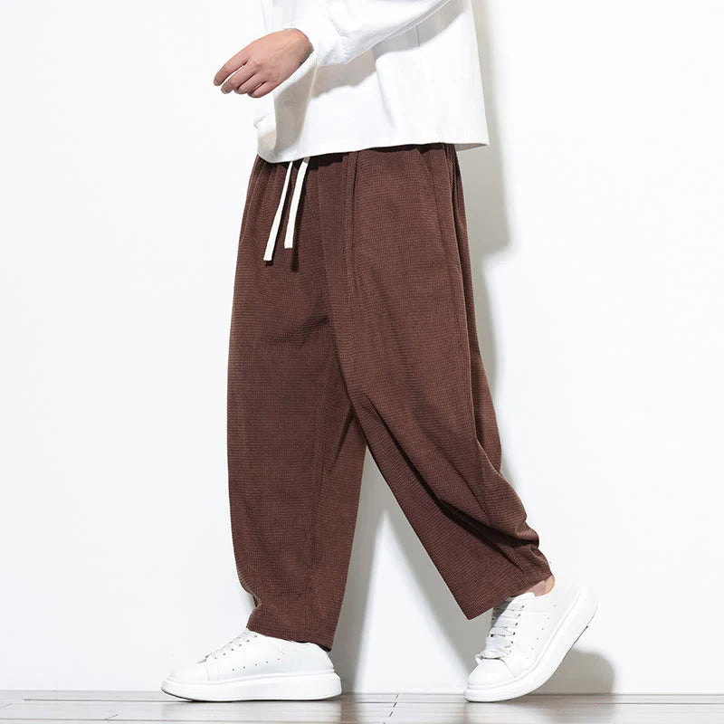 Buddha Stones Men's Plain Pure Cotton Corduroy Ankle-Length Harem Pants With Pockets