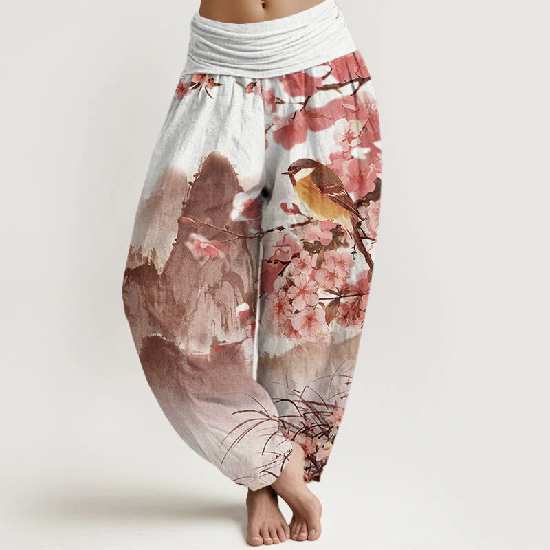 Buddha Stones Cotton Bird Cherry Blossom Mountains Pattern Women's Elastic Waist Harem Pants