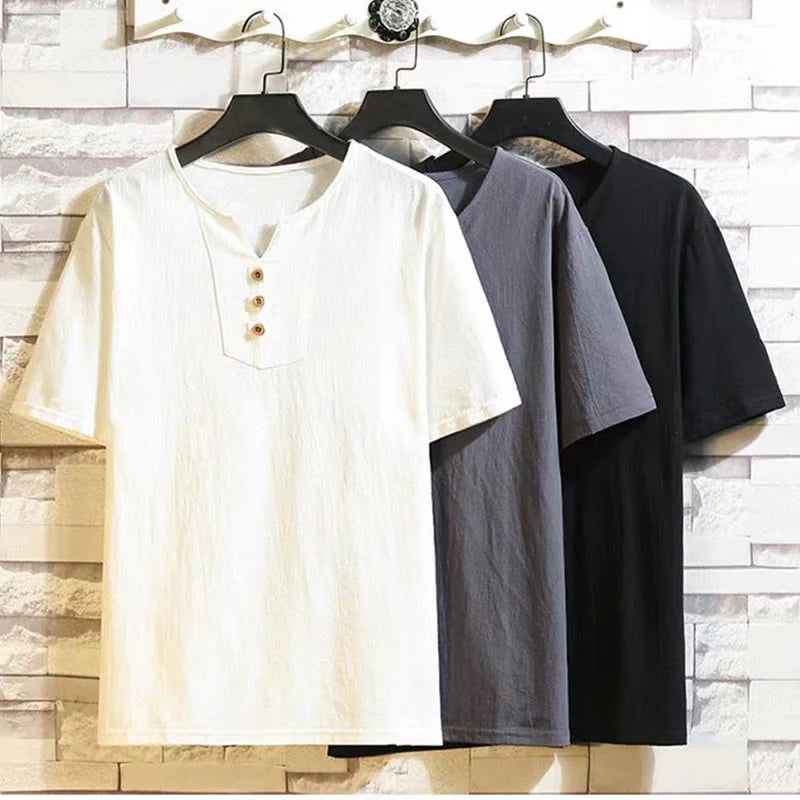 Buddha Stones 2Pcs Short Sleeve T-Shirt Drawstring Short Pants With Pockets Men's Cotton Linen Meditation Cloth Set