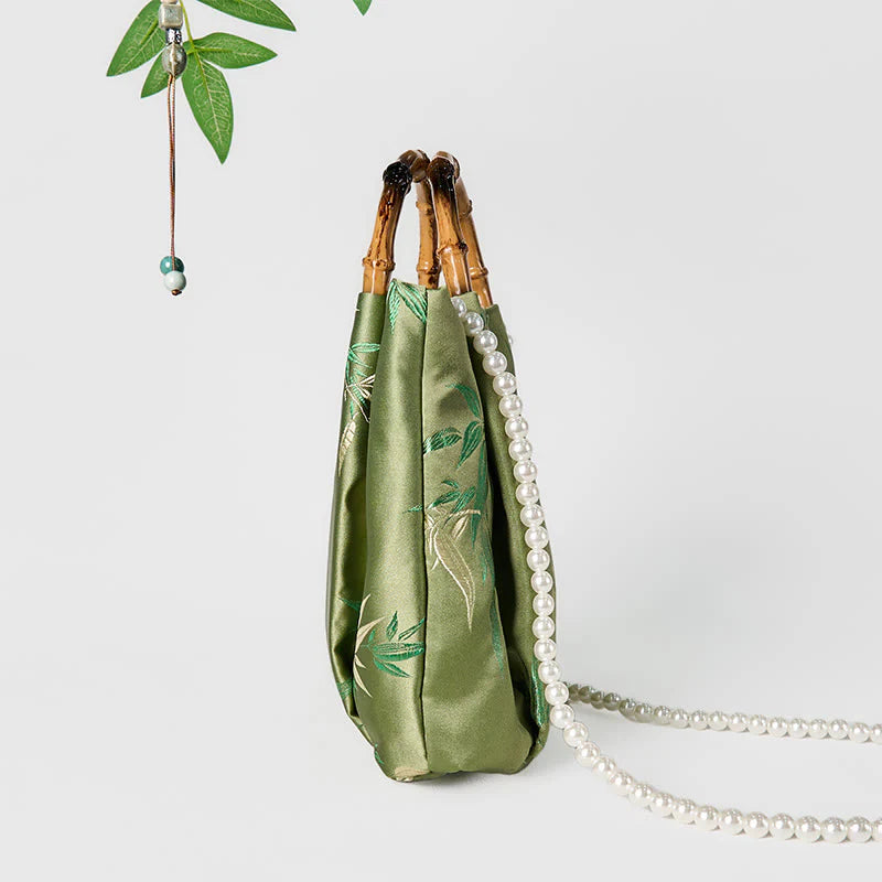 Buddha Stones Embroidery Leaves Bamboo Handle Pearl Crossbody Bag Hangbags
