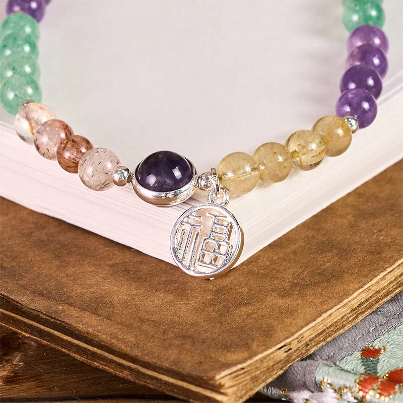 Buddha Stones Fu Character Charm Super Seven Crystal Growth Key Chain Phone Hanging Decoration