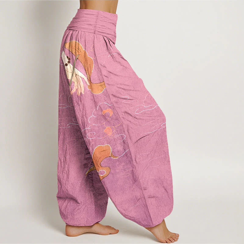 Buddha Stones Pure Cotton Lotus Flower Flowing Ribbons Hand Wearing Prayer Beads Clouds Pattern Women's Elastic Waist Harem Pants