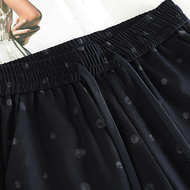 Buddha Stones Casual White Dots Pattern Polyester Women's Wide Leg Pants With Pockets