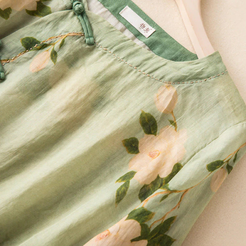 Buddha Stones Lightgreen Casual Artistic Printing Flower Pattern Chinese Frog-Button Design Women's Cotton Linen Long Sleeve Shirt Cardigan