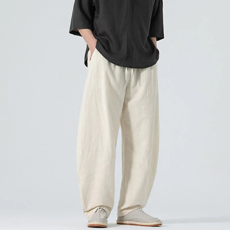Buddha Stones Spring Pure Color Men's Cotton Drawstring Pants With Pockets