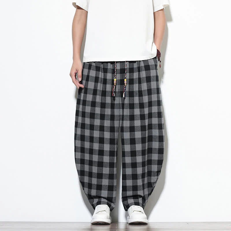 Buddha Stones Summer Plaid Pattern High Waist Drawstring Men's Harem Pants With Pockets