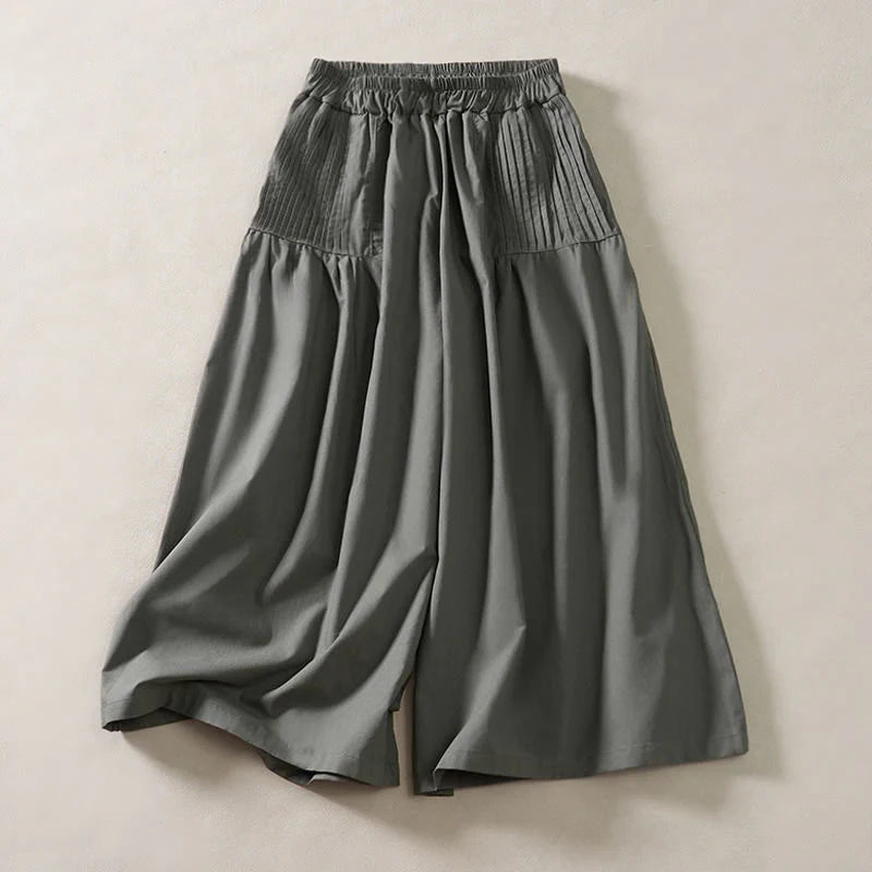 Buddha Stones Summer Pleated Design Elastic Waistband Cropped Women's Wide Leg Pants With Pockets
