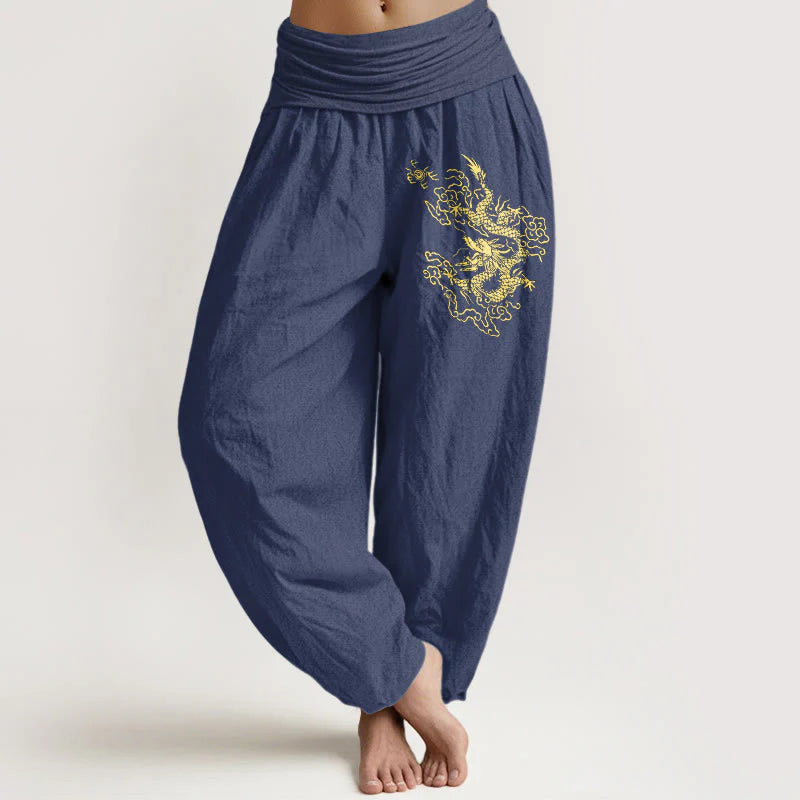 Buddha Stones Golden Dragon Print Pattern Women's Elastic Waist Harem Cotton Pants