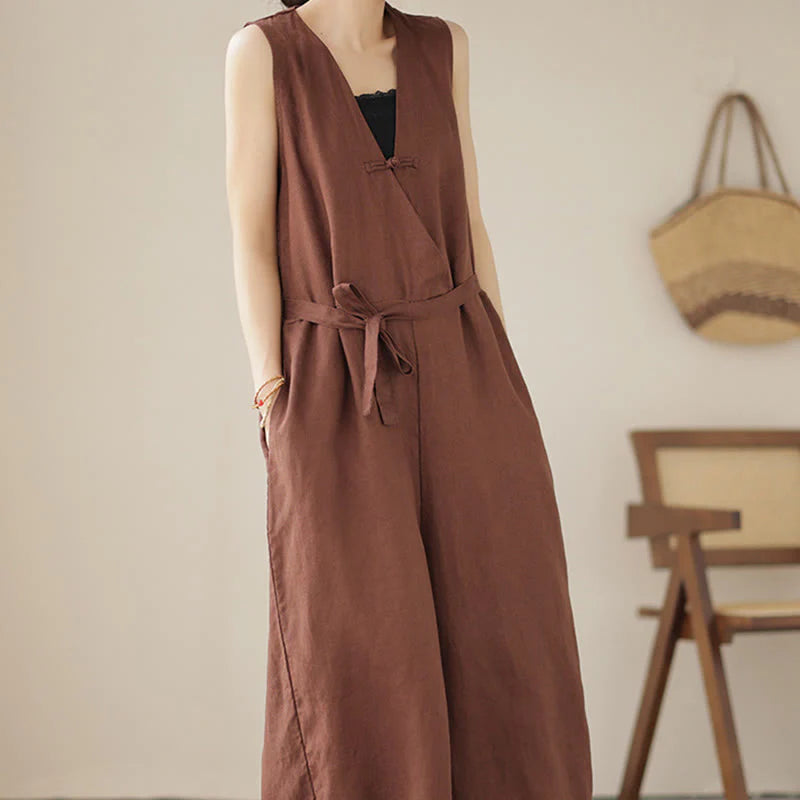 Buddha Stones Casual Lace-Up Simple Sleeveless Design Women's Cotton Linen Jumpsuit With Pockets