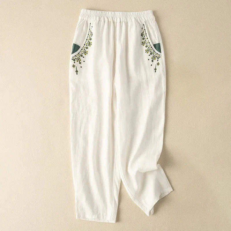 Buddha Stones Vintage Embroidery Elastic Waist Capri Harem Pants With Pockets