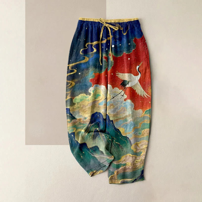 Buddha Stones Pure Cotton Crane Cloud Mountain Pattern Women's Elastic Waist Pants With Pockets