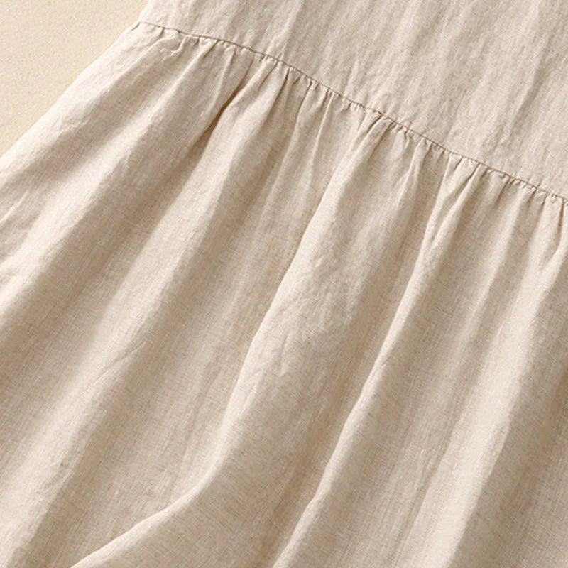 Buddha Stones Casual Artistic Solid Color Simple Design High Waist Short Sleeve Cotton Linen Midi Dress With Pockets