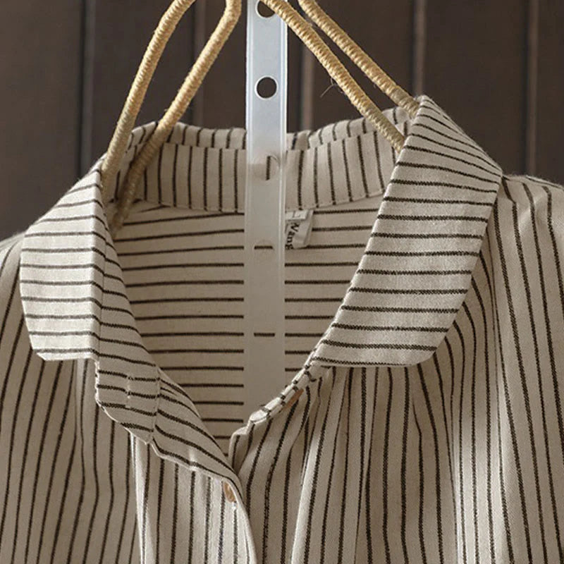 Buddha Stones Fall Stripe Stand Collar Buttons Women's Long Sleeve Shirt With Pocket