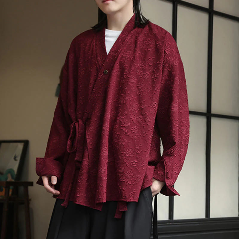 Buddha Stones Spring V-Neck Floral Men's Lace-up Design Long Sleeve Shirt
