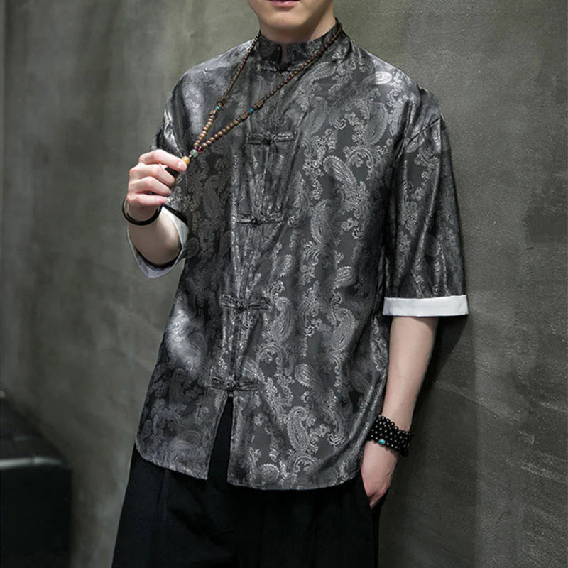 Buddha Stones Summer Cashew Flowers Pattern Men's Frog-Button Half Sleeve Shirts