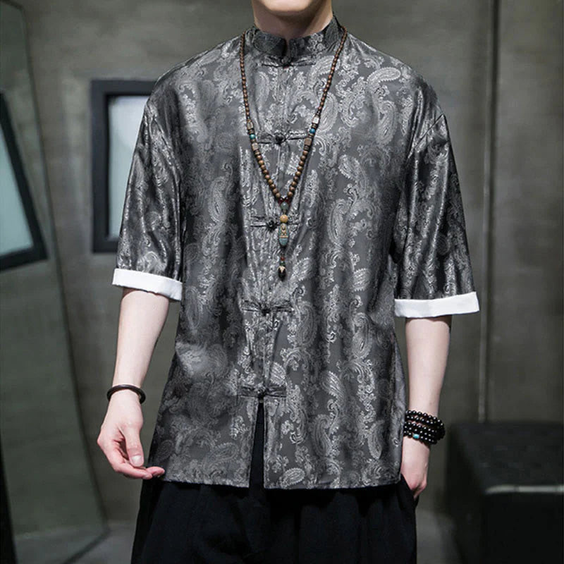 Buddha Stones Summer Cashew Flowers Pattern Men's Frog-Button Half Sleeve Shirts
