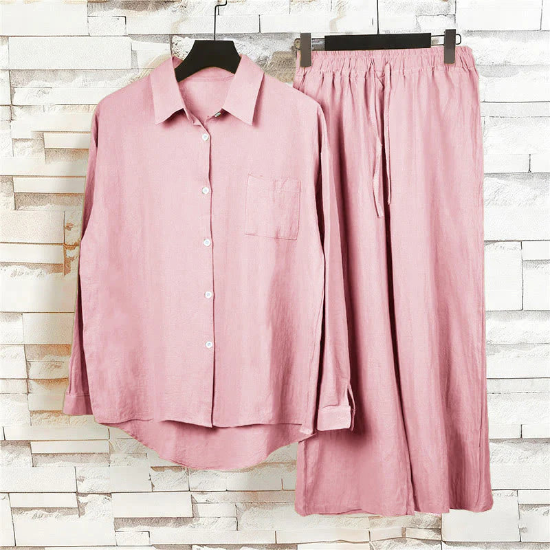 Buddha Stones 2Pcs Long Sleeve Shirt Top With Pockets Drawstring Pants Meditation Cotton Clothing Women's Set