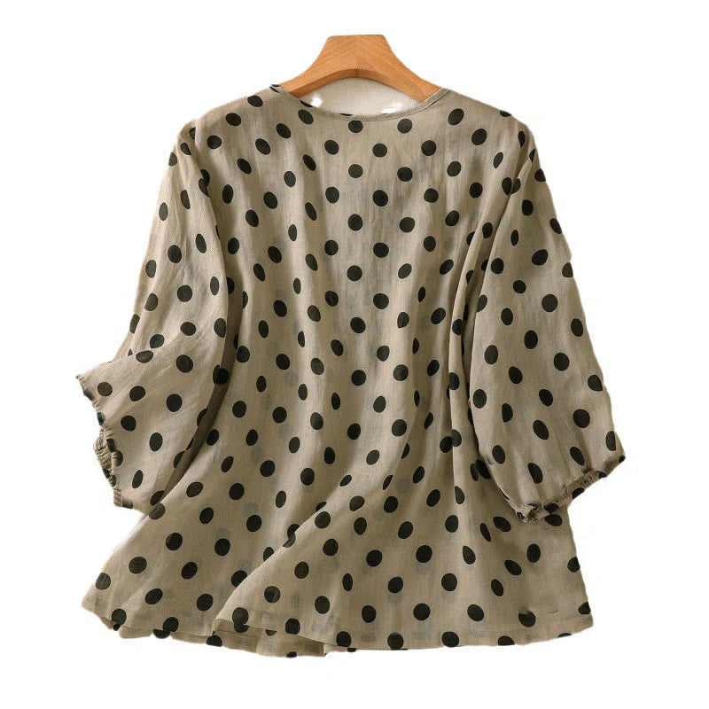 Buddha Stones Fall Round Neck Polka Dots Long Sleeve Women's Polyester Shirt