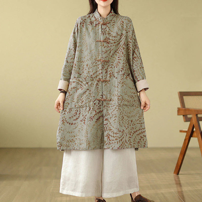 Buddha Stones Frog-button Vine Leaves Women's Coat With Pockets