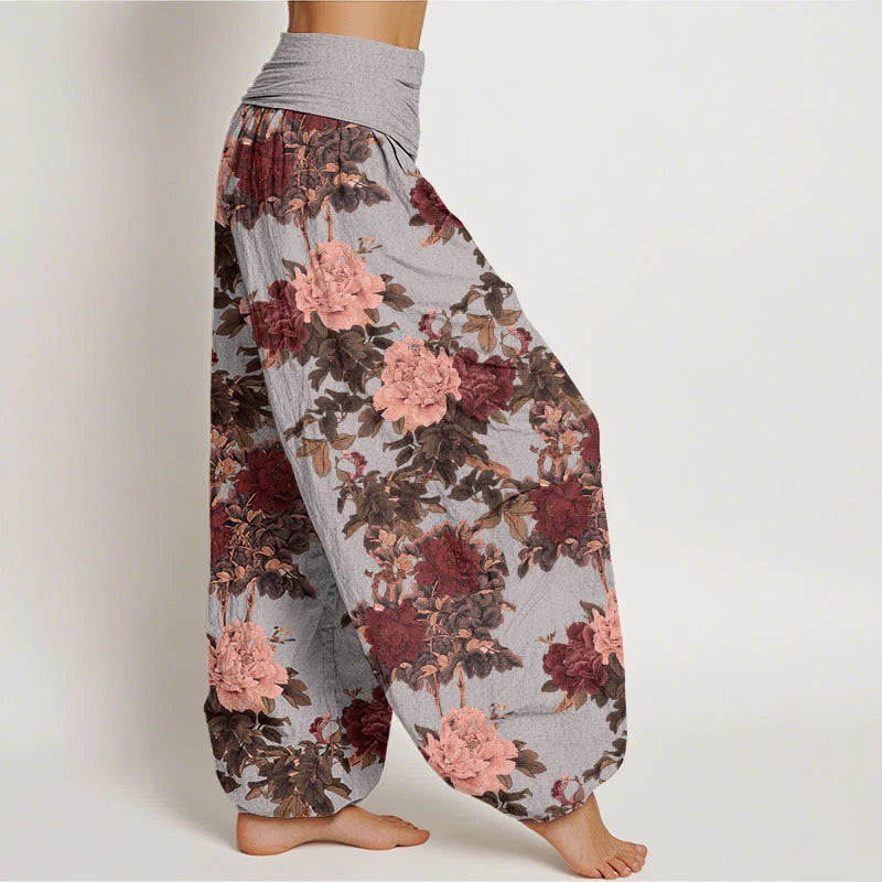 Buddha Stones Cotton Casual Lush Peony Flowers Leaf Pattern Women's Elastic Waist Harem Pants