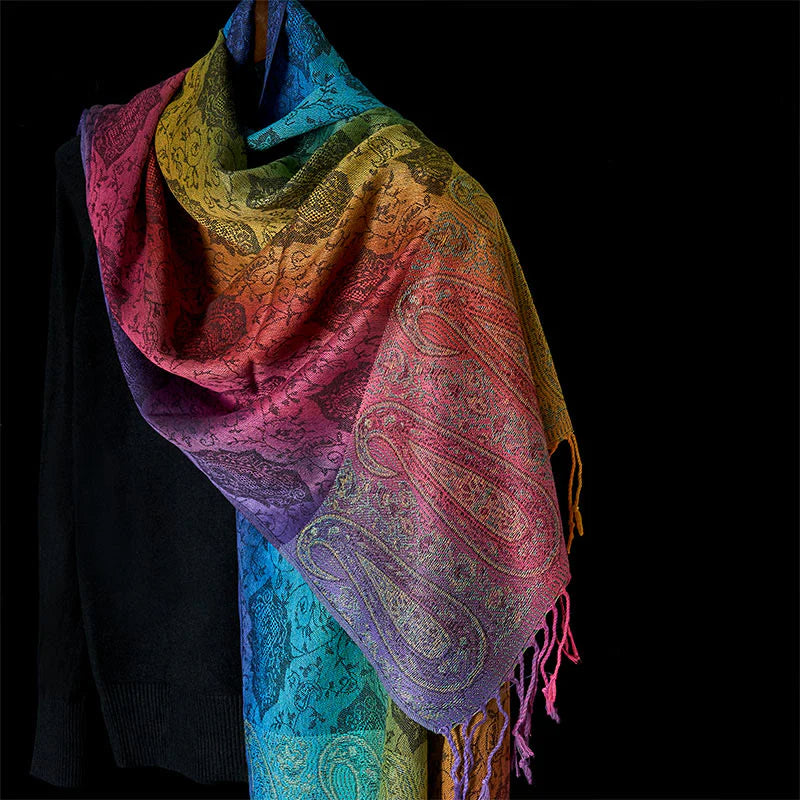 Buddha Stones Spring Colorful Gradient Cashew Flower Pattern Tassel Cozy Scarf Shawl