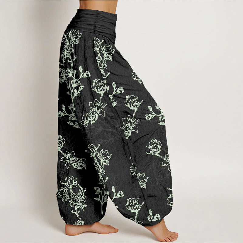 Buddha Stones Cotton Simple Flower Bud Pattern Women's Elastic Waist Harem Pants
