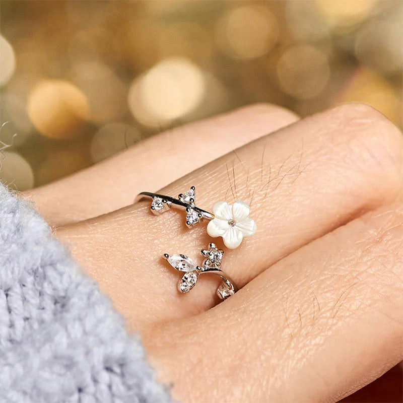 Buddha Stones 925 Sterling Silver White Flower Design Adjustable Blessing Ring