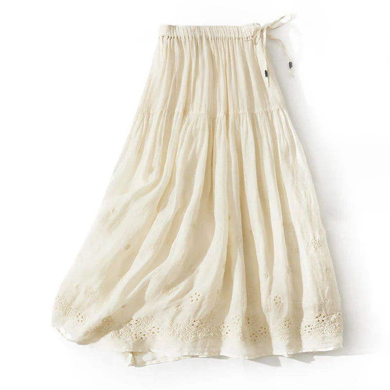 Buddha Stones Embroidery Hollow Design A-line Drawstring High Waist Women's Skirt With Pockets