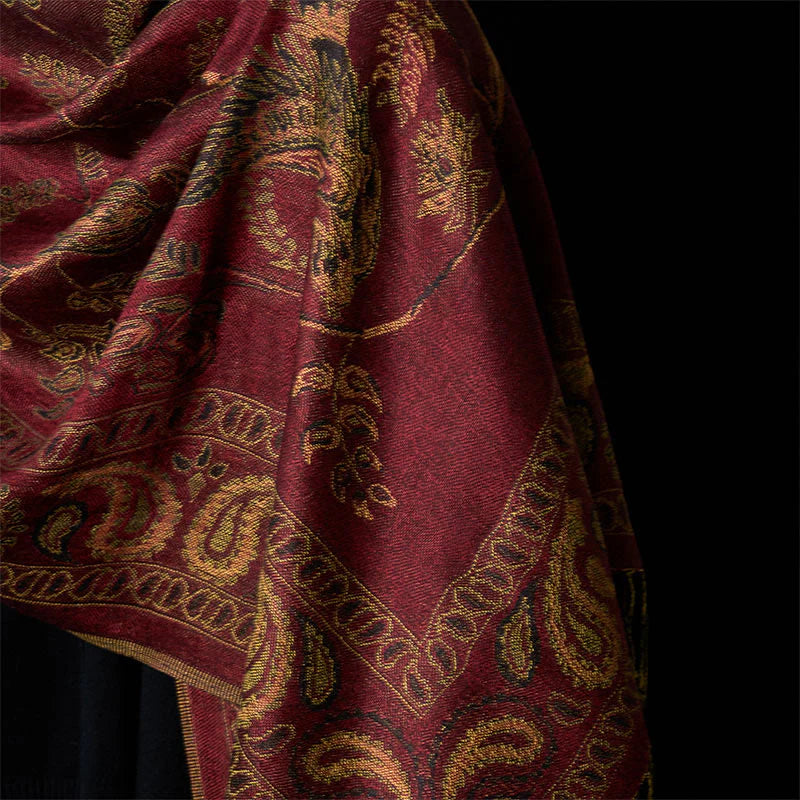 Buddha Stones Spring Maroon Cashew Flower Floral Leaf Pattern Tassel Soft Scarf Shawl