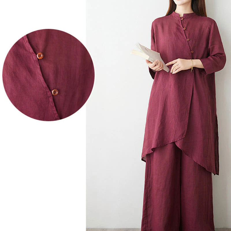 Buddha Stones Casual 2pcs Plain Three Quarter Sleeve Slanted Collar Shirt Top Wide Leg Pants With Pockets Meditation Zen Tai Chi Clothing Women's Set
