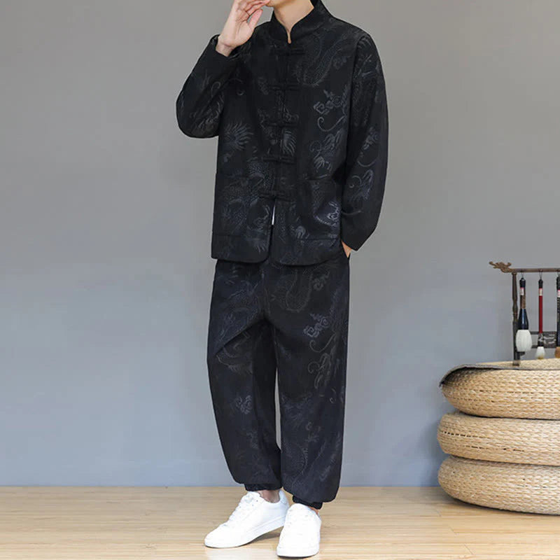 Buddha Stones 2Pcs Fall Winter Men's Tang Suit Dragon Frog-Button Cotton Corduroy Long Sleeve Jacket Pants Set With Pockets