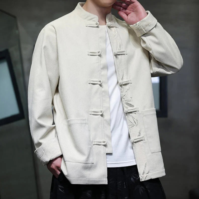Buddha Stones Fall Bamboo Frog-Button Long Sleeve Men's Corduroy Cotton Jacket With Pockets