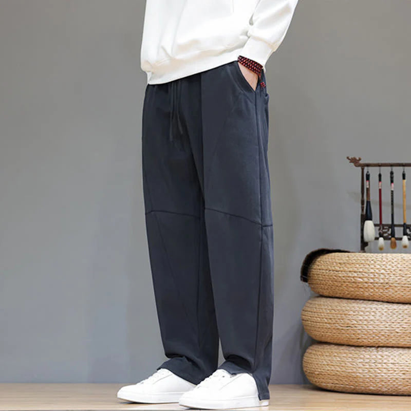 Buddha Stones Winter Solid Color Fleece-lined Men's Cotton Linen Pants With Pockets