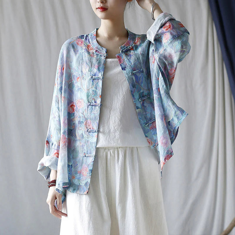 Buddha Stones Pink Flowers Green Leaves Print Frog-button Design Long Sleeve Ramie Linen Jacket Shirt
