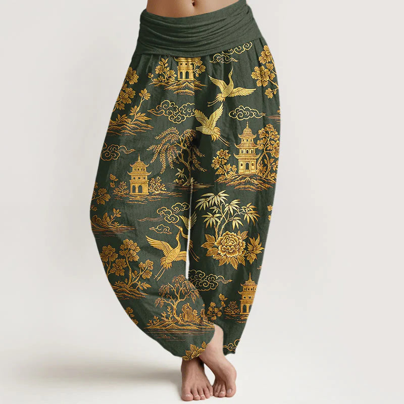 Buddha Stones Cotton Gorgeous Tree Crane Architecture Cloud Peony Pattern Women's Elastic Waist Harem Pants