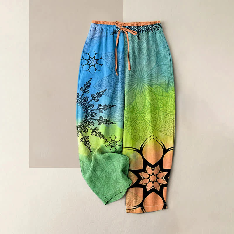 Buddha Stones Cotton Print Gradient Mandala Elastic Waist Women's Pants With Pockets