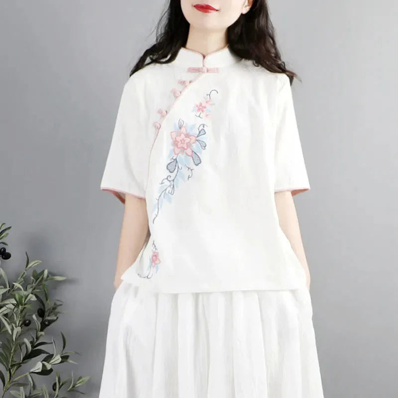 Buddha Stones Summer Flower Embroidery Half Sleeve Frog-Button Mandarin Collar Cotton Linen Women's Shirt