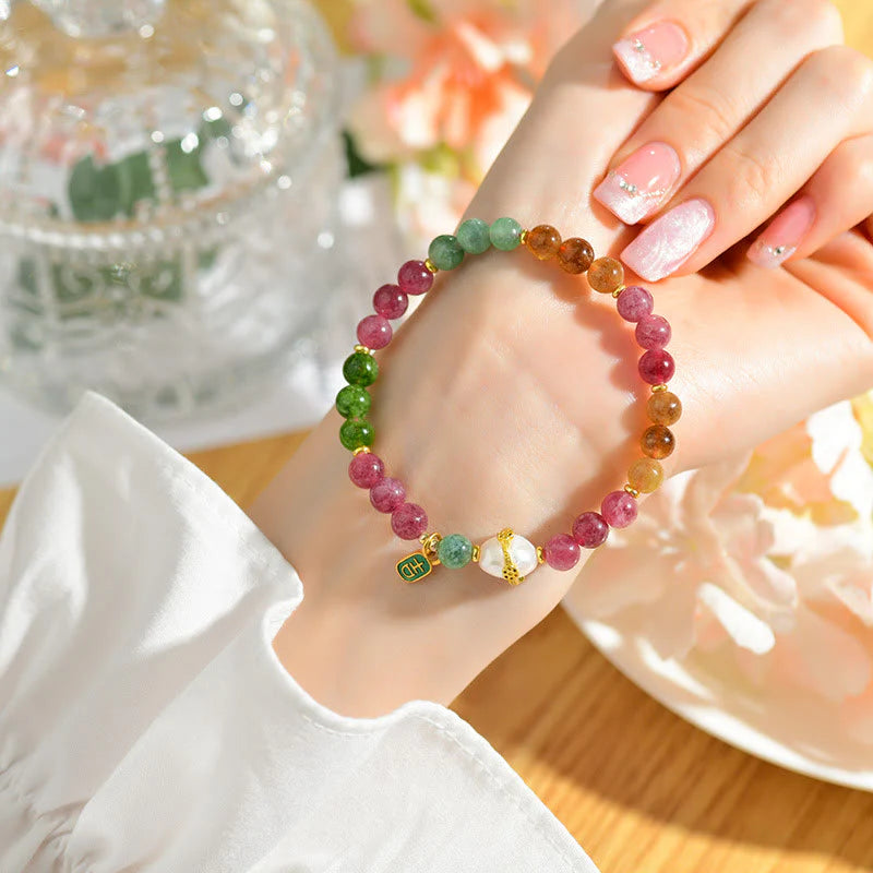 Buddha Stones Natural Multicolored Tourmaline Pearl Auspicious Character Charm Wisdom Bracelet (Extra 35% Off | USE CODE: FS35)