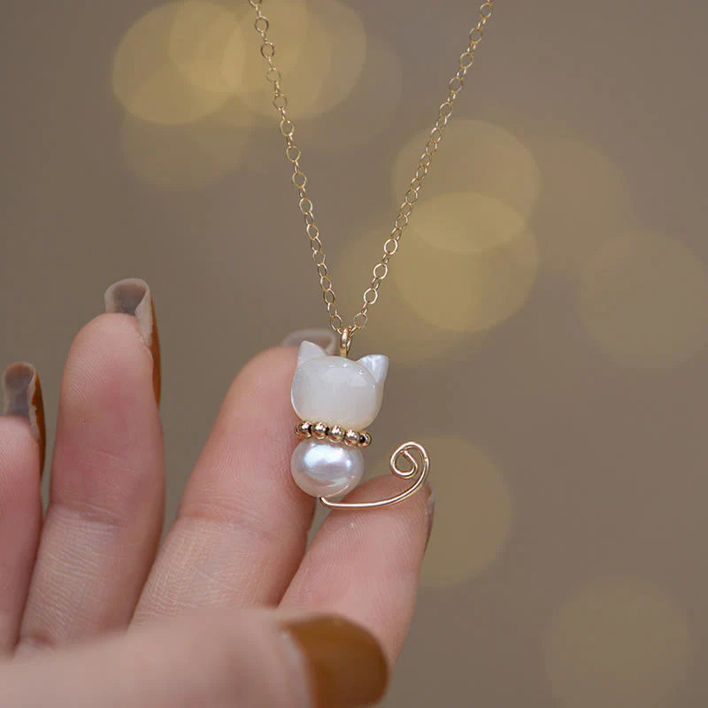 Buddha Stones 14K Gold Plated Pearl Hetian Jade Shell Luck Cat Kitten Necklace Pendant