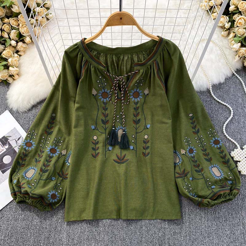 Buddha Stones Casual Embroidery Flower Leaf Pattern Women's Cotton Linen Round Neck T-shirt