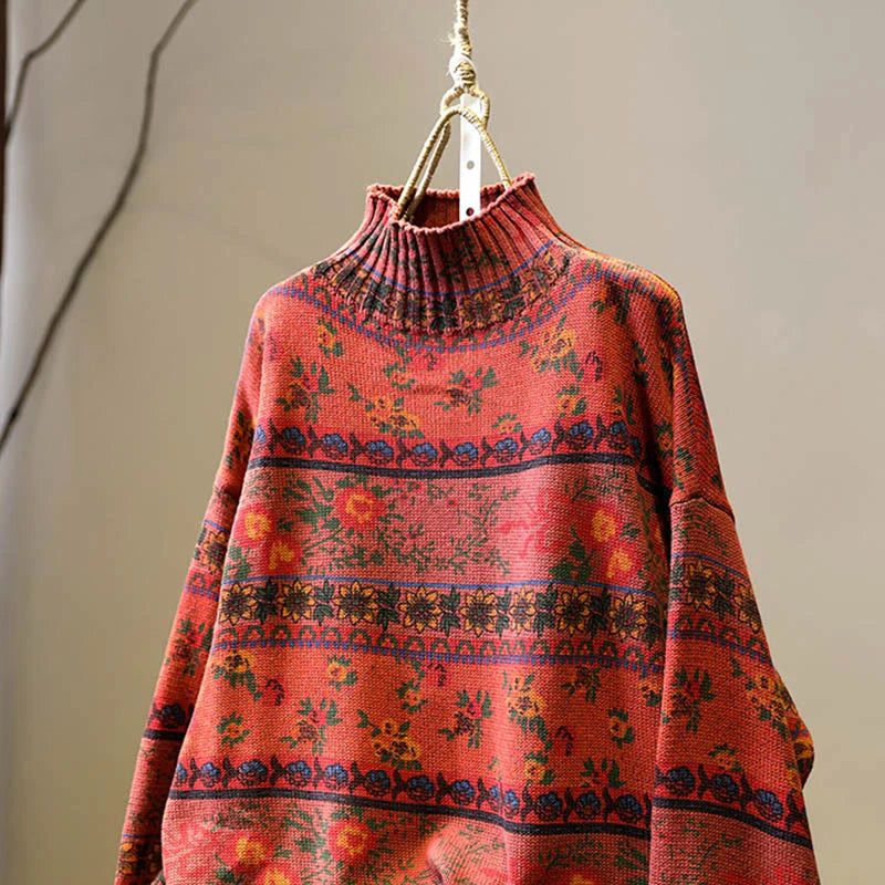 Buddha Stones Winter Color-block Flower Pattern Mock Neck Long Sleeve Women's Cotton Sweater