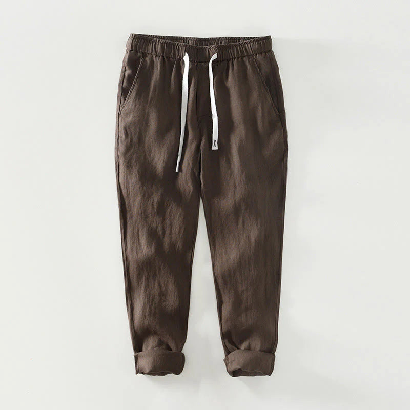 Buddha Stones Fall Solid Drawstring Elastic Waist Men's Linen Ankle-Length Pants With Pockets