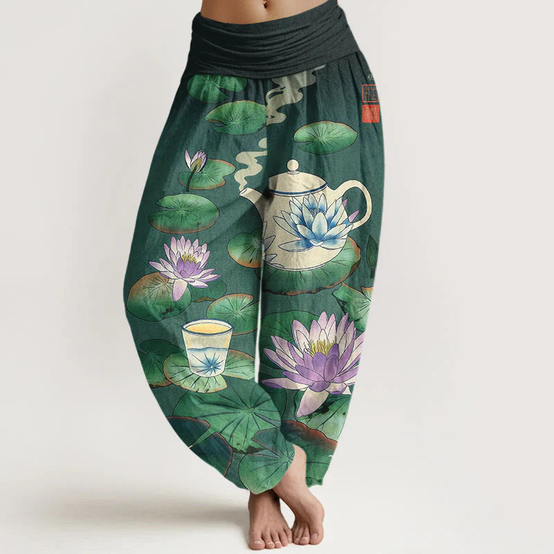 Buddha Stones Pure Cotton Fresh Teapot Cup Lotus Flower Leaf Pattern Women's Elastic Waist Harem Pants
