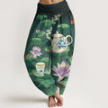Buddha Stones Pure Cotton Fresh Teapot Cup Lotus Flower Leaf Pattern Women's Elastic Waist Harem Pants