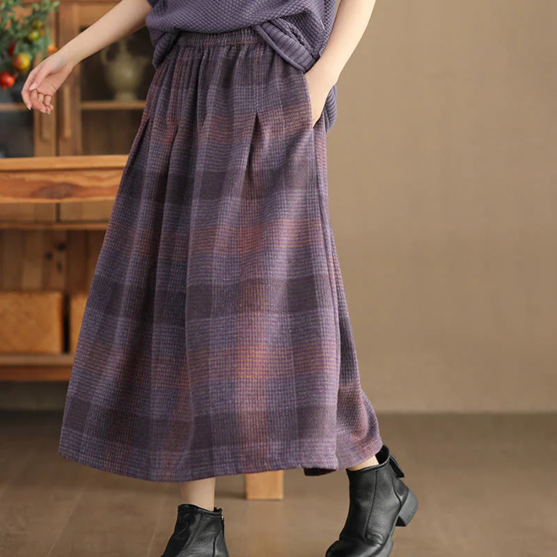Buddha Stones Women's Winter Plaid Pattern Cotton Thermal 7-8 Length Skirt With Pockets