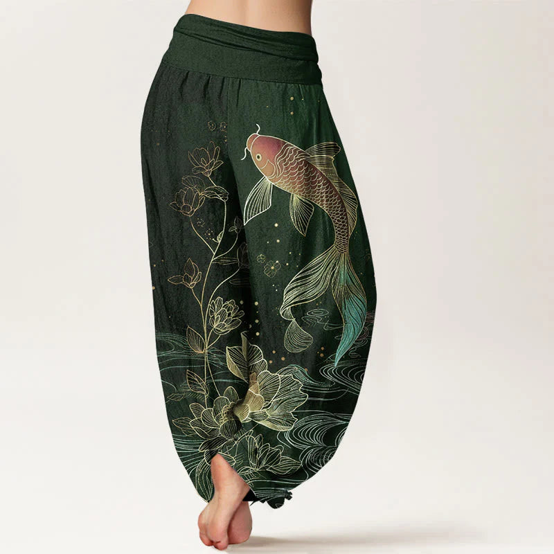 Buddha Stones Lotus Koi Fish Pattern Women's Elastic Waist Pure Cotton Harem Pants