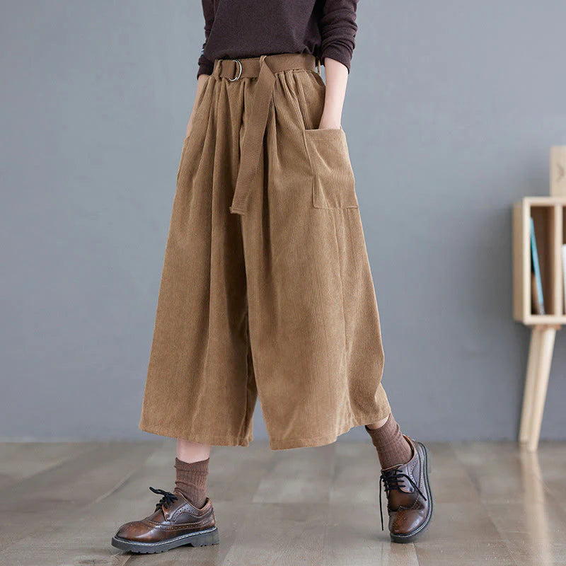 Buddha Stones Retro Women's Wide Leg 7-8 Length Corduroy Pants With Pockets Belt