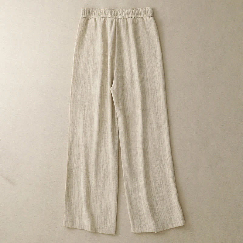 Buddha Stones Casual Summer Lace-Up Texture Design Women's Cotton Wide Leg Pants With Pockets